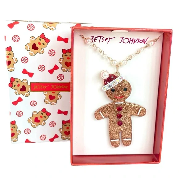 🌀 Betsey Johnson Gingerbread Man Santa Necklace - Picture 1 of 5